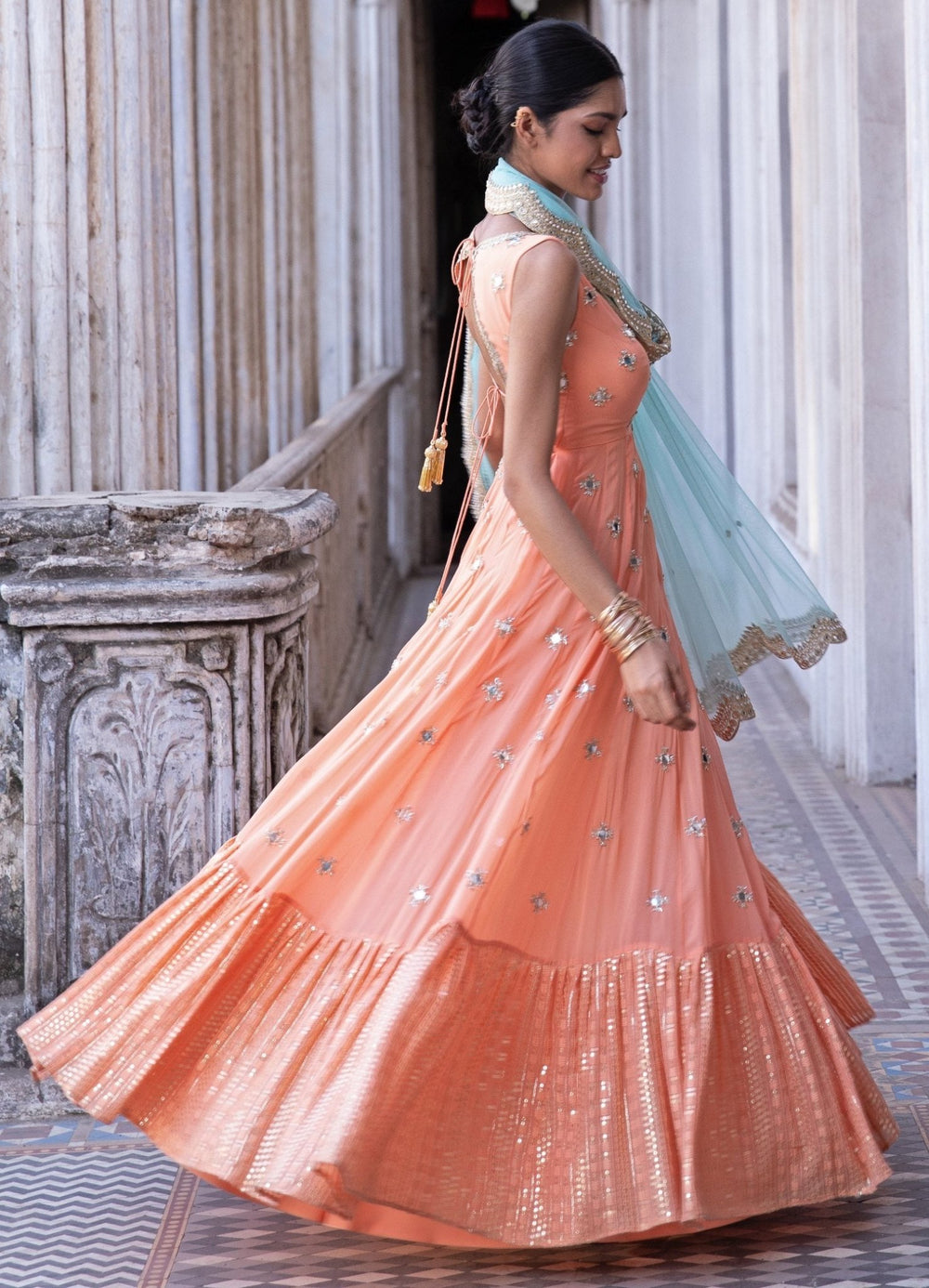 Nitara Tangerine and Mint Anarkali Set Renee - Fabilicious Fashion