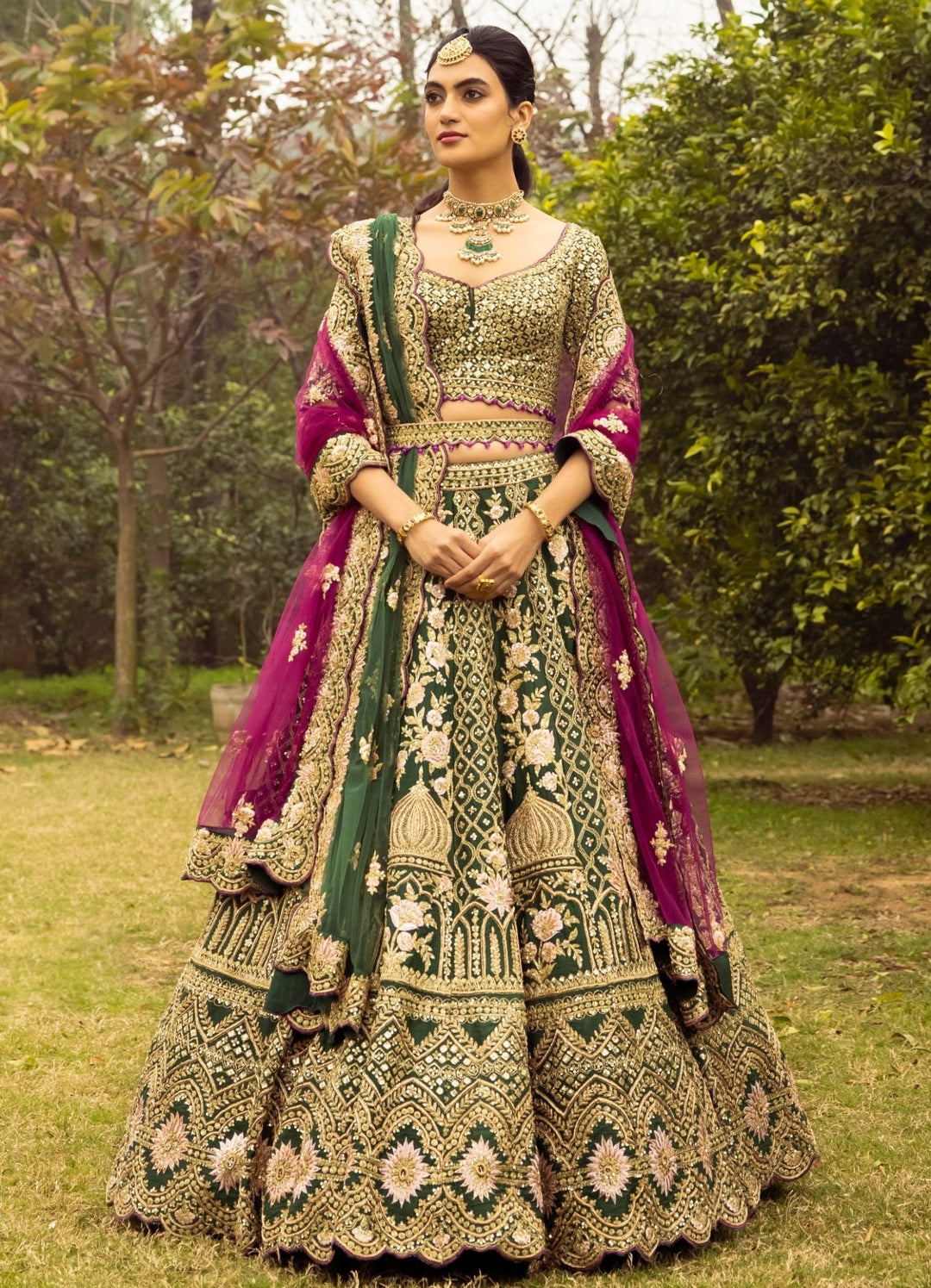Noor Emerald Green and Rani Pink Double Dupatta Embroidered Silk Lehenga Set Angad Singh - Fabilicious Fashion