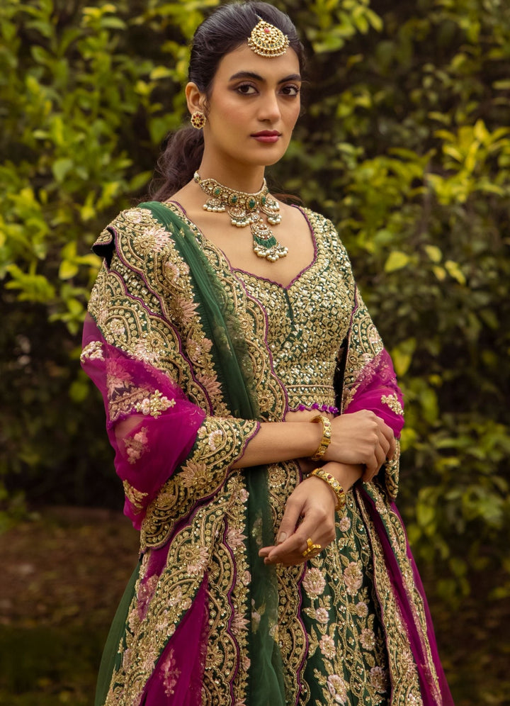Noor Emerald Green and Rani Pink Double Dupatta Embroidered Silk Lehenga Set Angad Singh - Fabilicious Fashion