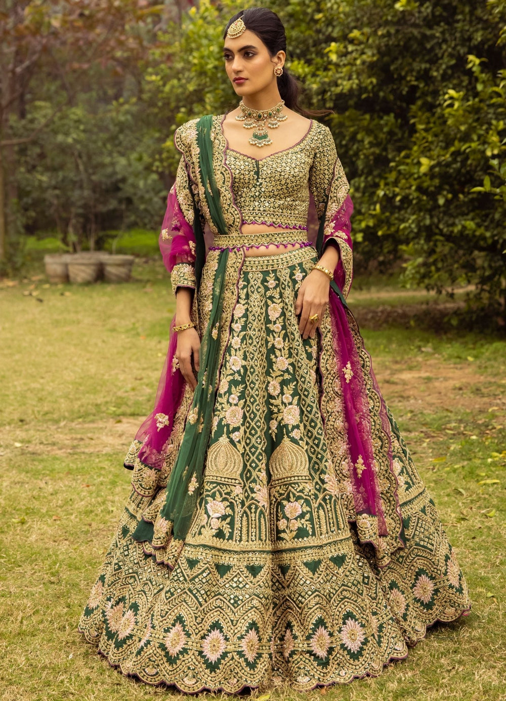 Noor Emerald Green and Rani Pink Double Dupatta Embroidered Silk Lehenga Set Angad Singh - Fabilicious Fashion