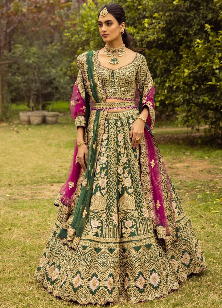 Noor Emerald Green and Rani Pink Double Dupatta Embroidered Silk Lehenga Set Angad Singh - Fabilicious Fashion