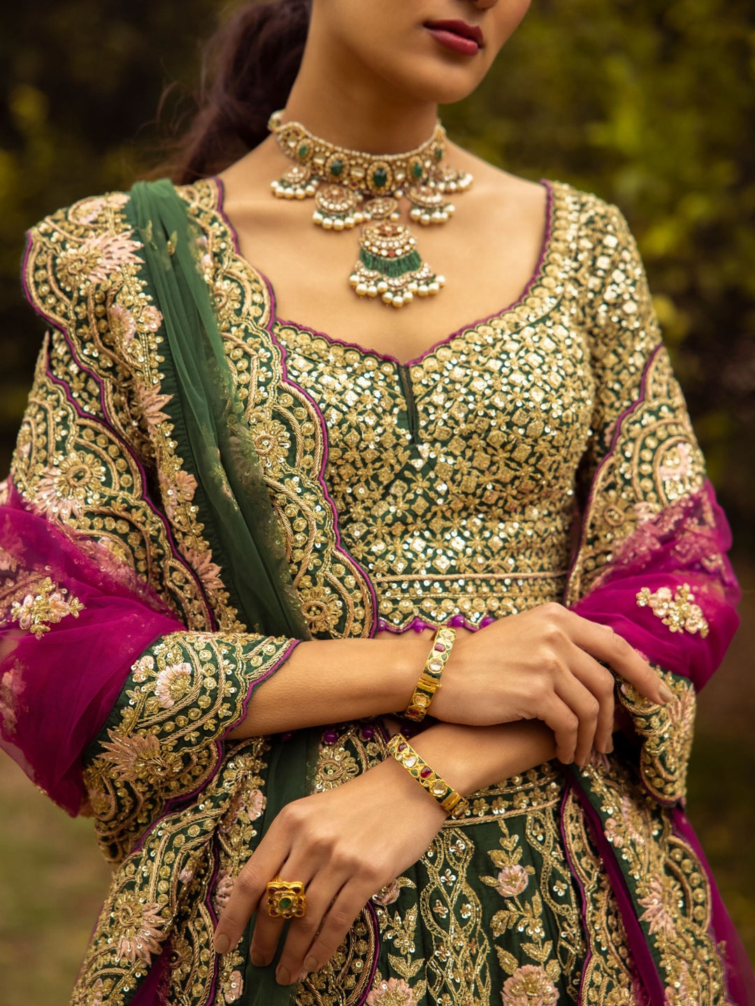 Noor Emerald Green and Rani Pink Double Dupatta Embroidered Silk Lehenga Set Angad Singh - Fabilicious Fashion