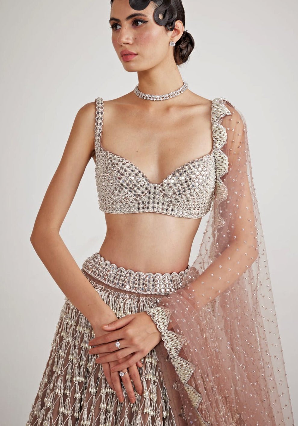 Nude Gold Chandelier Pearl Drop Bridal Lehenga Set Vvani By Vani Vats - Fabilicious Fashion