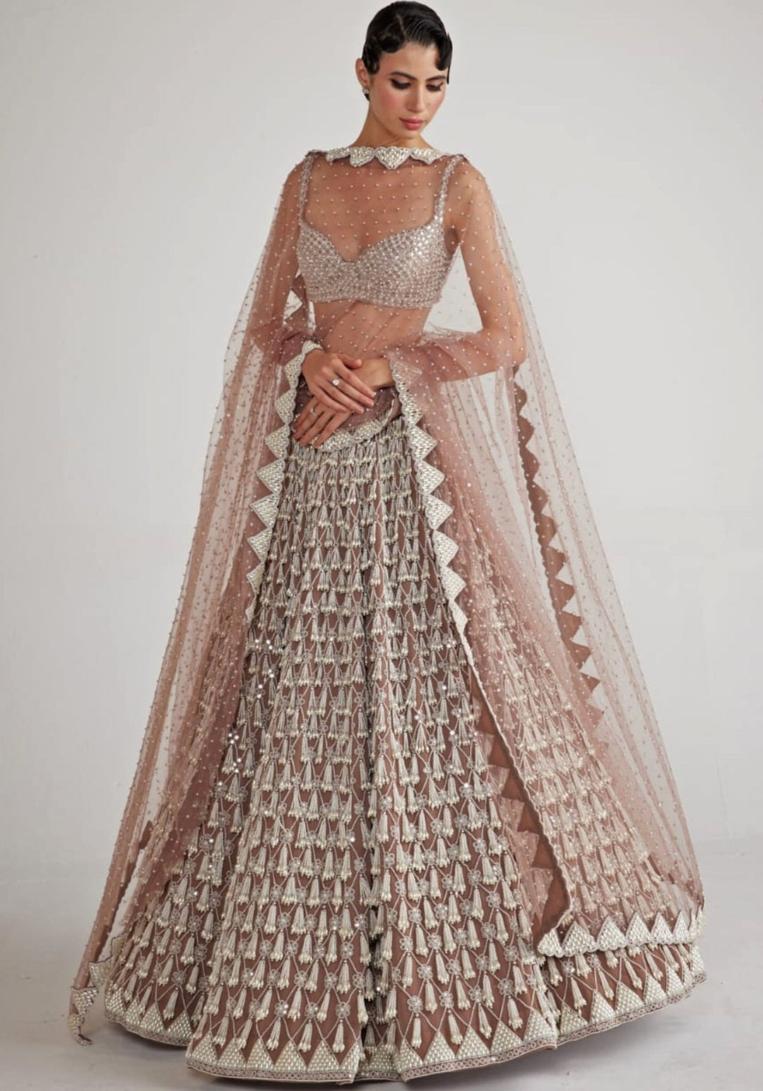 Nude Gold Chandelier Pearl Drop Bridal Lehenga Set Vvani By Vani Vats - Fabilicious Fashion