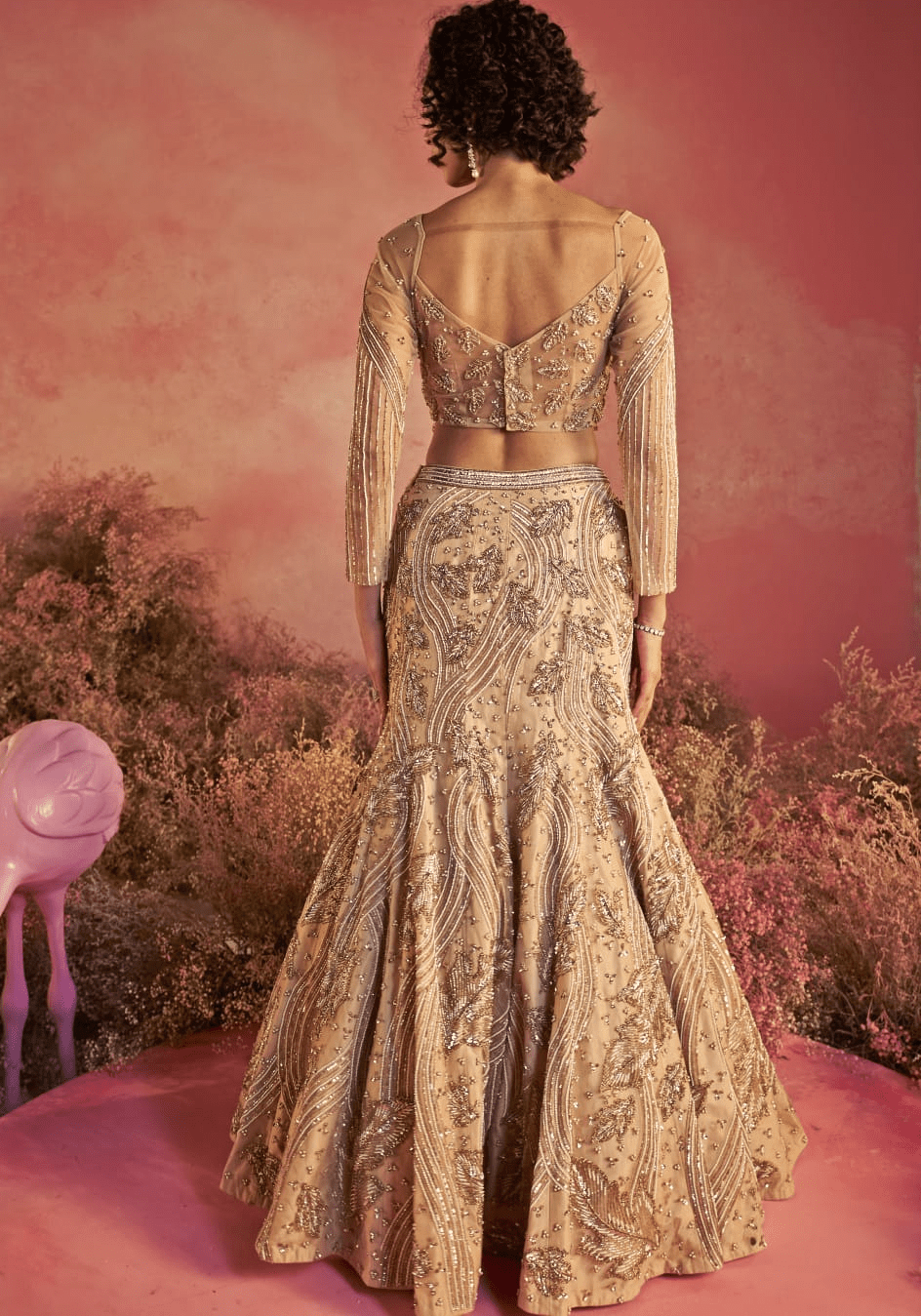 Nude Gold Embroidered Fish Cut Bridal Lehenga Set Parul Gandhi - Fabilicious Fashion