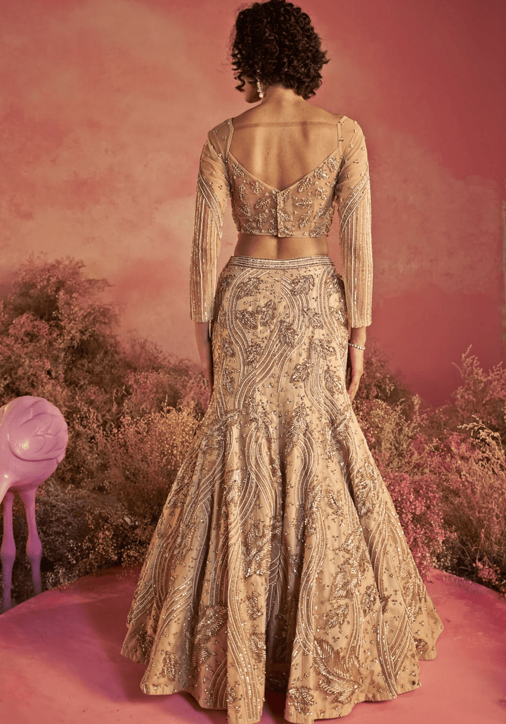 Nude Gold Embroidered Fish Cut Bridal Lehenga Set Parul Gandhi - Fabilicious Fashion