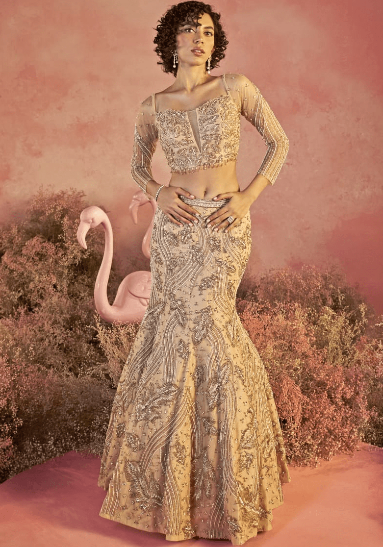 Nude Gold Embroidered Fish Cut Bridal Lehenga Set Parul Gandhi - Fabilicious Fashion
