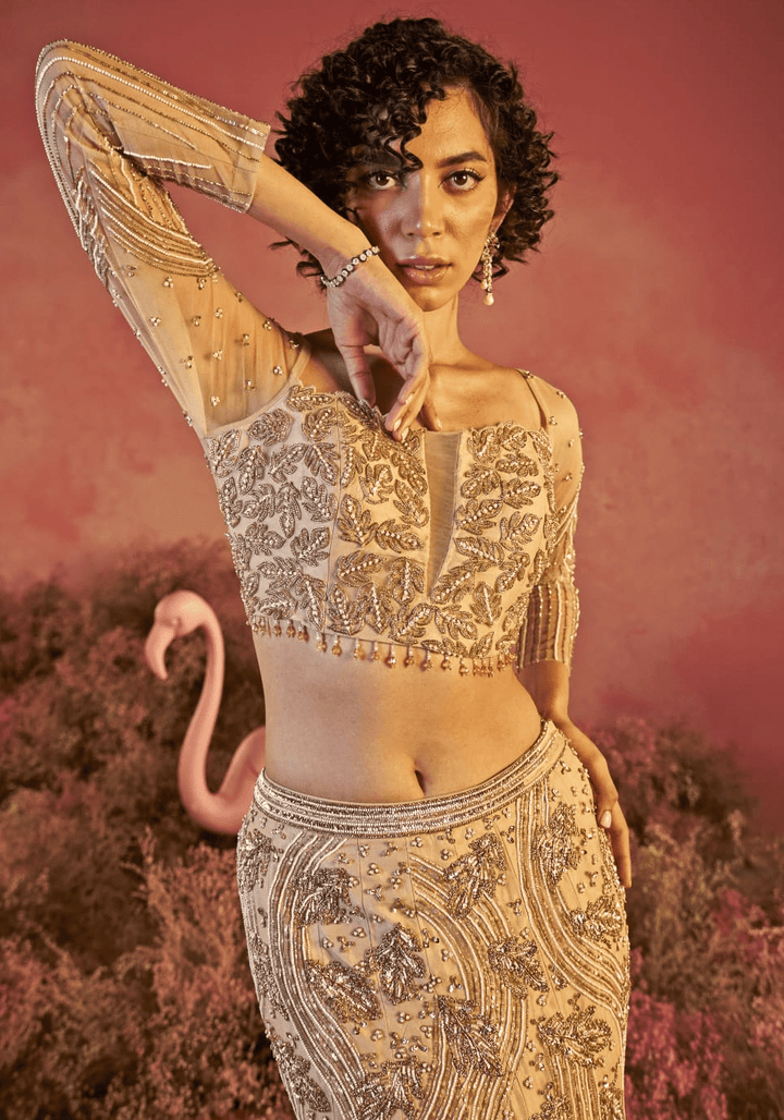 Nude Gold Embroidered Fish Cut Bridal Lehenga Set Parul Gandhi - Fabilicious Fashion
