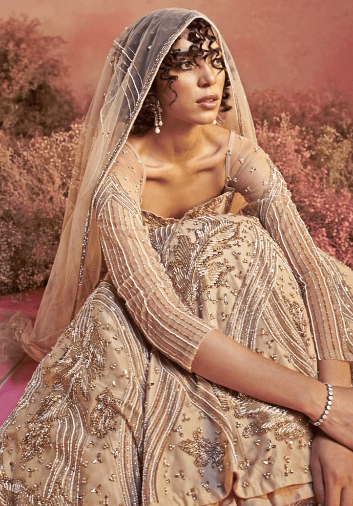 Nude Gold Embroidered Fish Cut Bridal Lehenga Set Parul Gandhi - Fabilicious Fashion