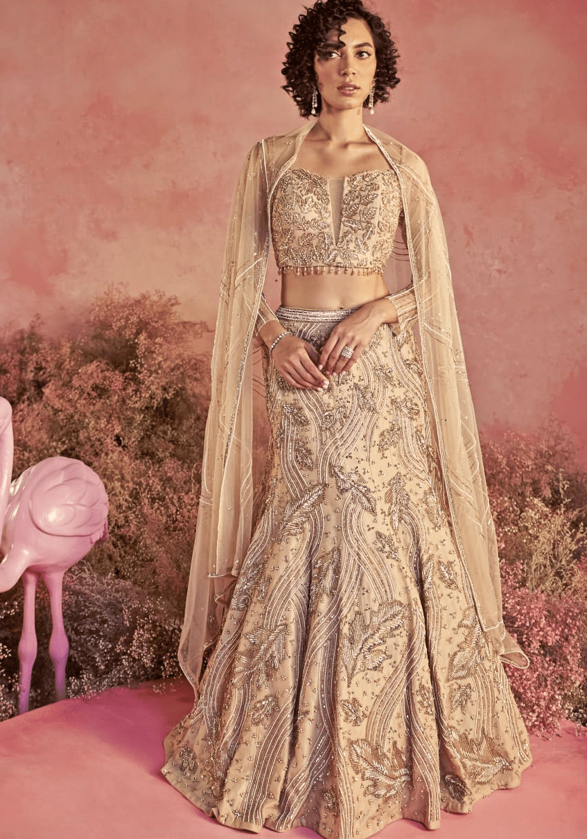 Nude Gold Embroidered Fish Cut Bridal Lehenga Set Parul Gandhi - Fabilicious Fashion