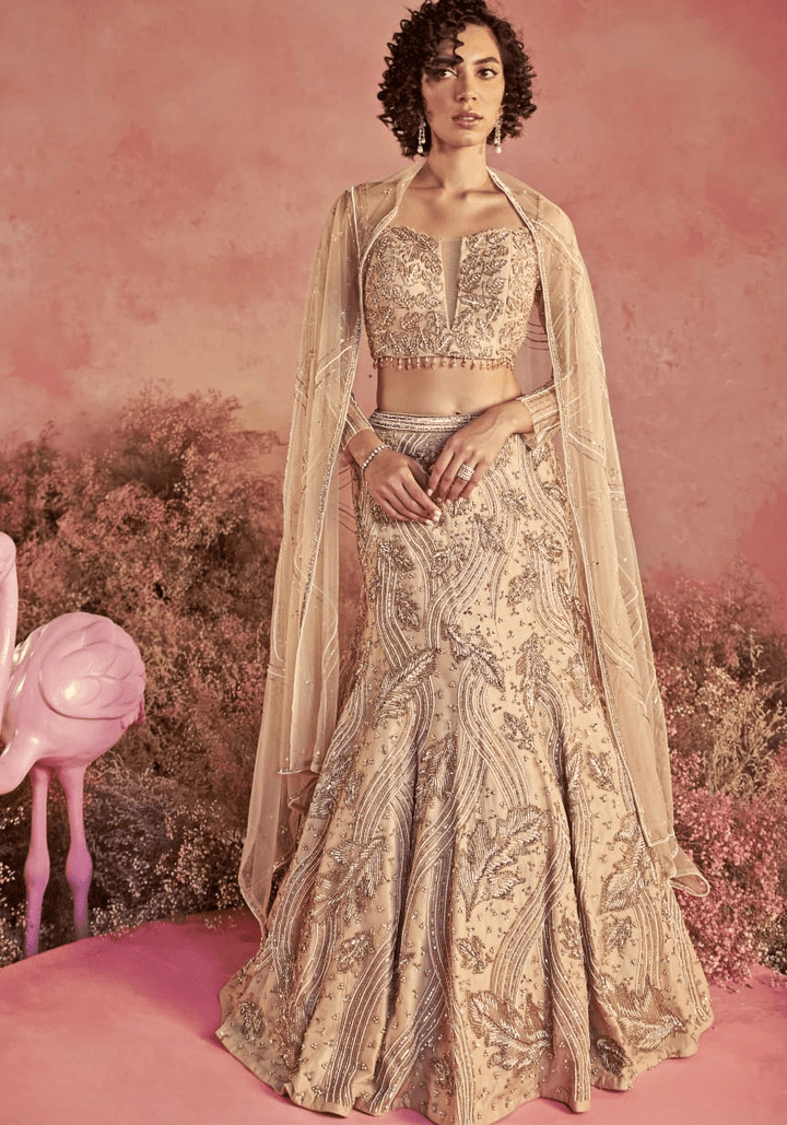 Nude Gold Embroidered Fish Cut Bridal Lehenga Set Parul Gandhi - Fabilicious Fashion