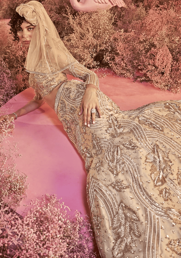 Nude Gold Embroidered Fish Cut Bridal Lehenga Set Parul Gandhi - Fabilicious Fashion