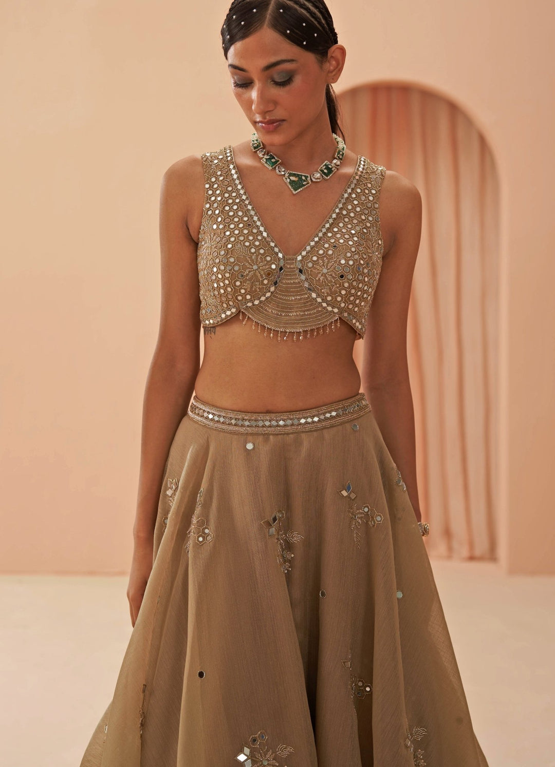 Nude Gold Embroidered lehenga Set Parul Gandhi - Fabilicious Fashion