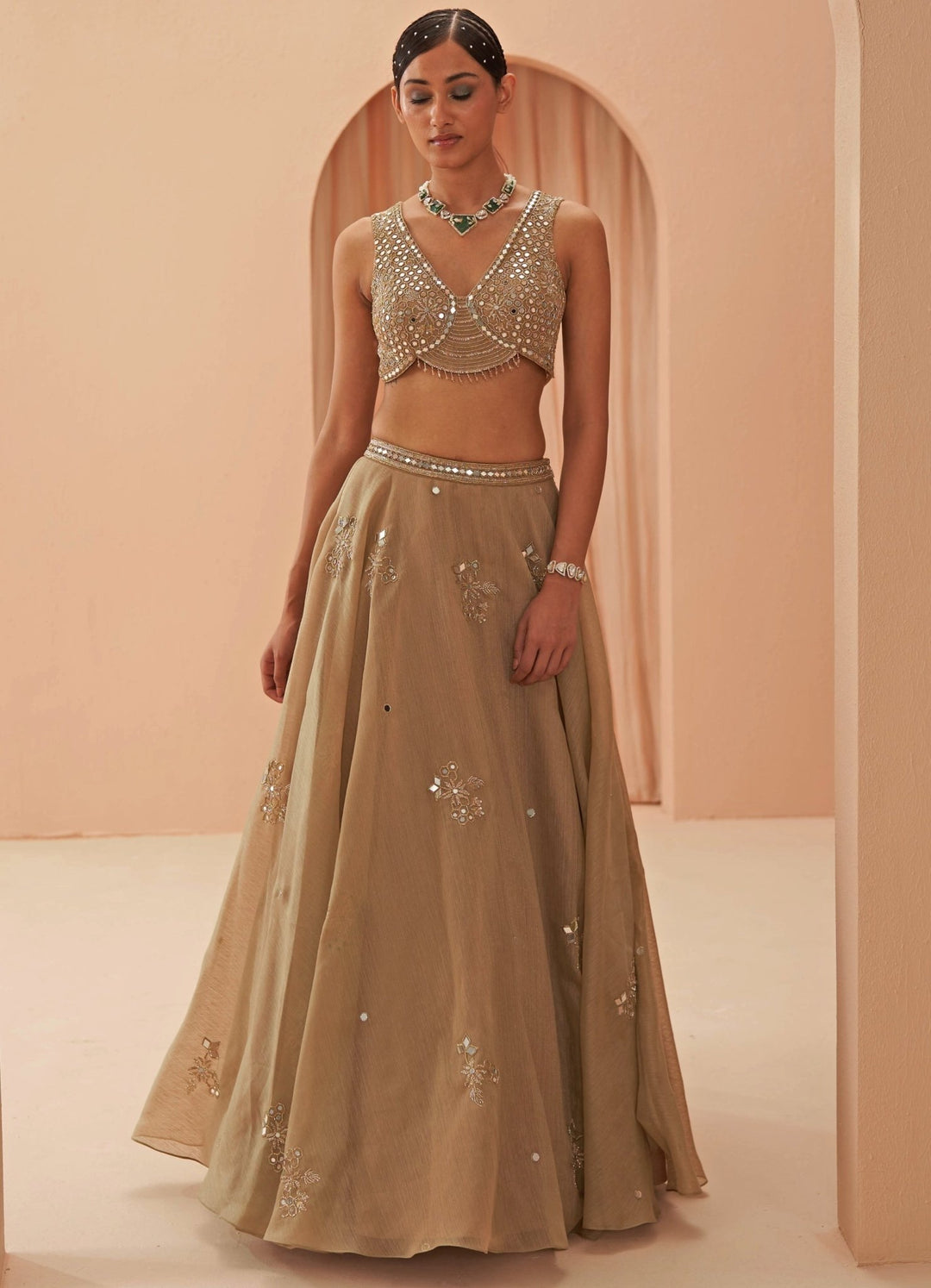 Nude Gold Embroidered lehenga Set Parul Gandhi - Fabilicious Fashion