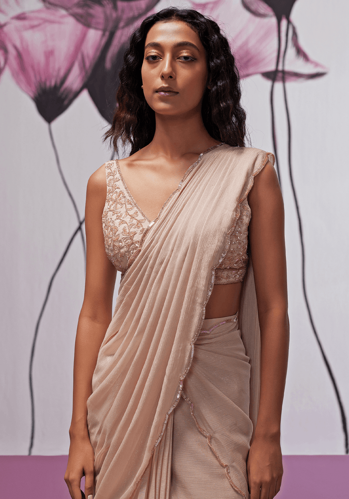 Nude Gold Georgette Embroidered Pre-Stitched Saree Set Zoon Tribe - Fabilicious Fashion