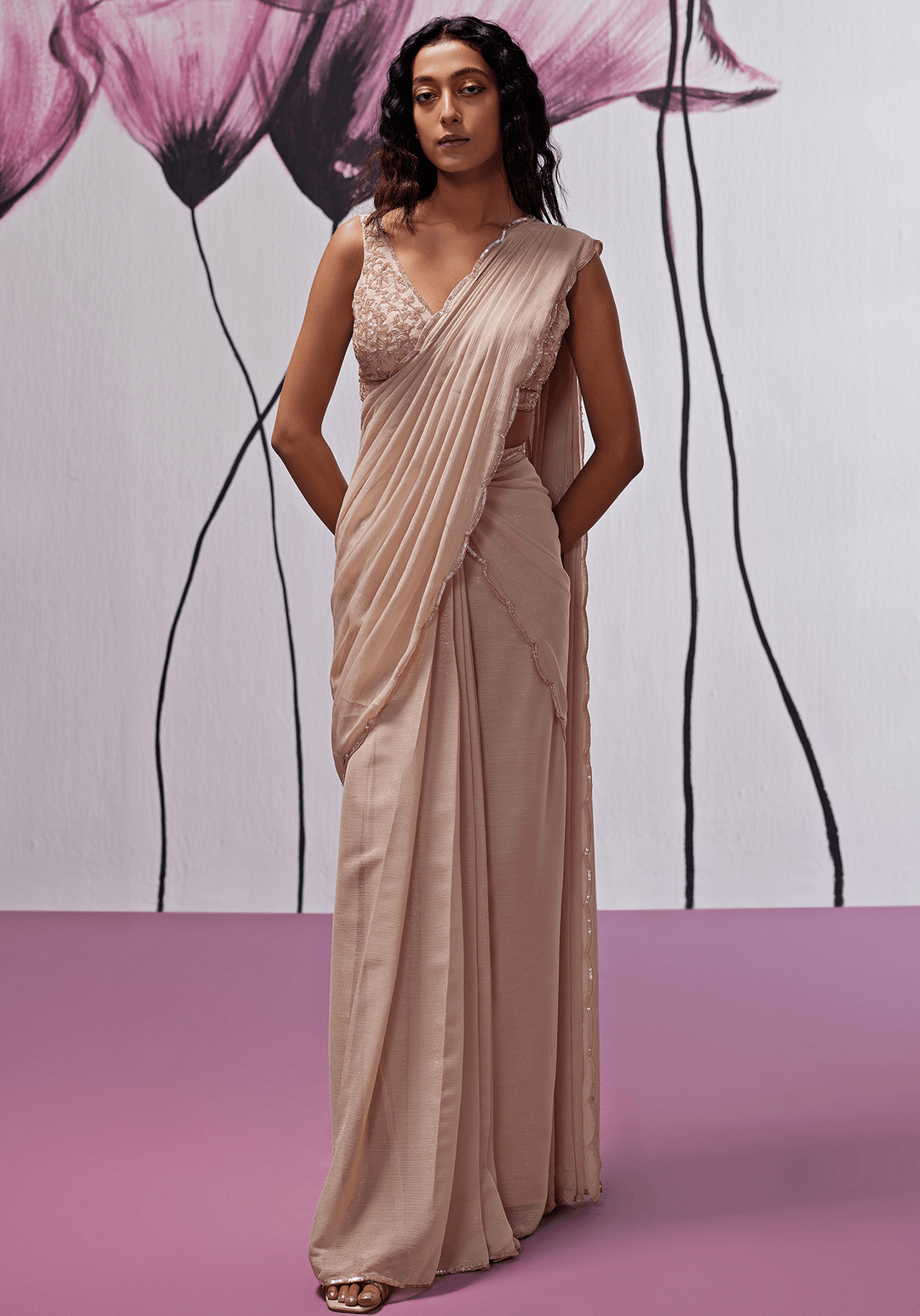 Nude Gold Georgette Embroidered Pre-Stitched Saree Set Zoon Tribe - Fabilicious Fashion