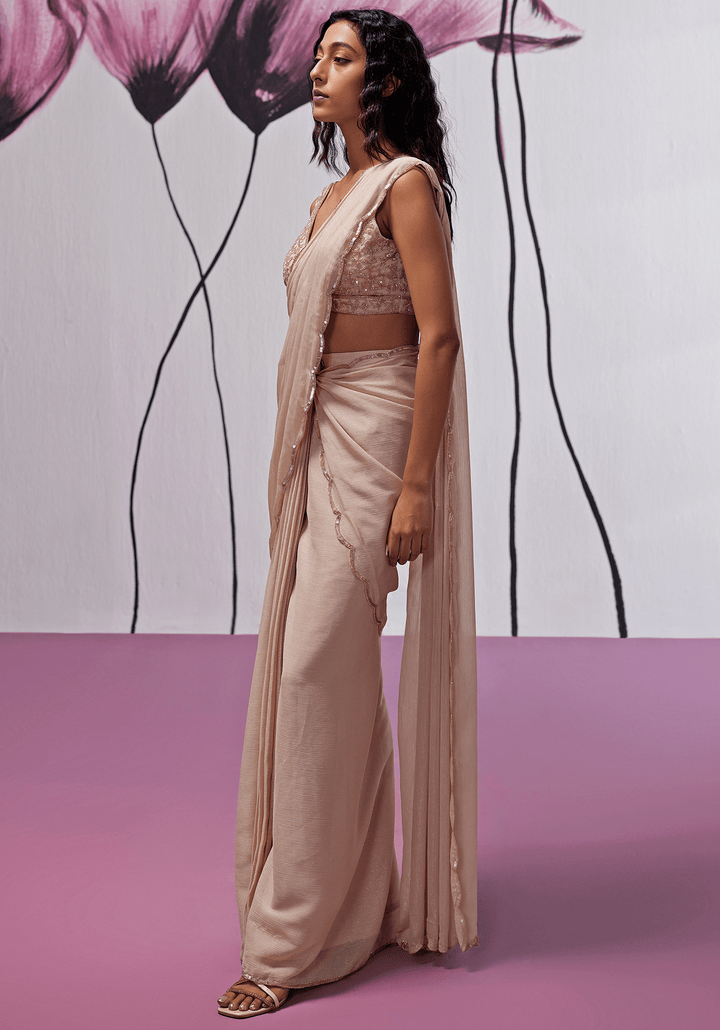 Nude Gold Georgette Embroidered Pre-Stitched Saree Set Zoon Tribe - Fabilicious Fashion