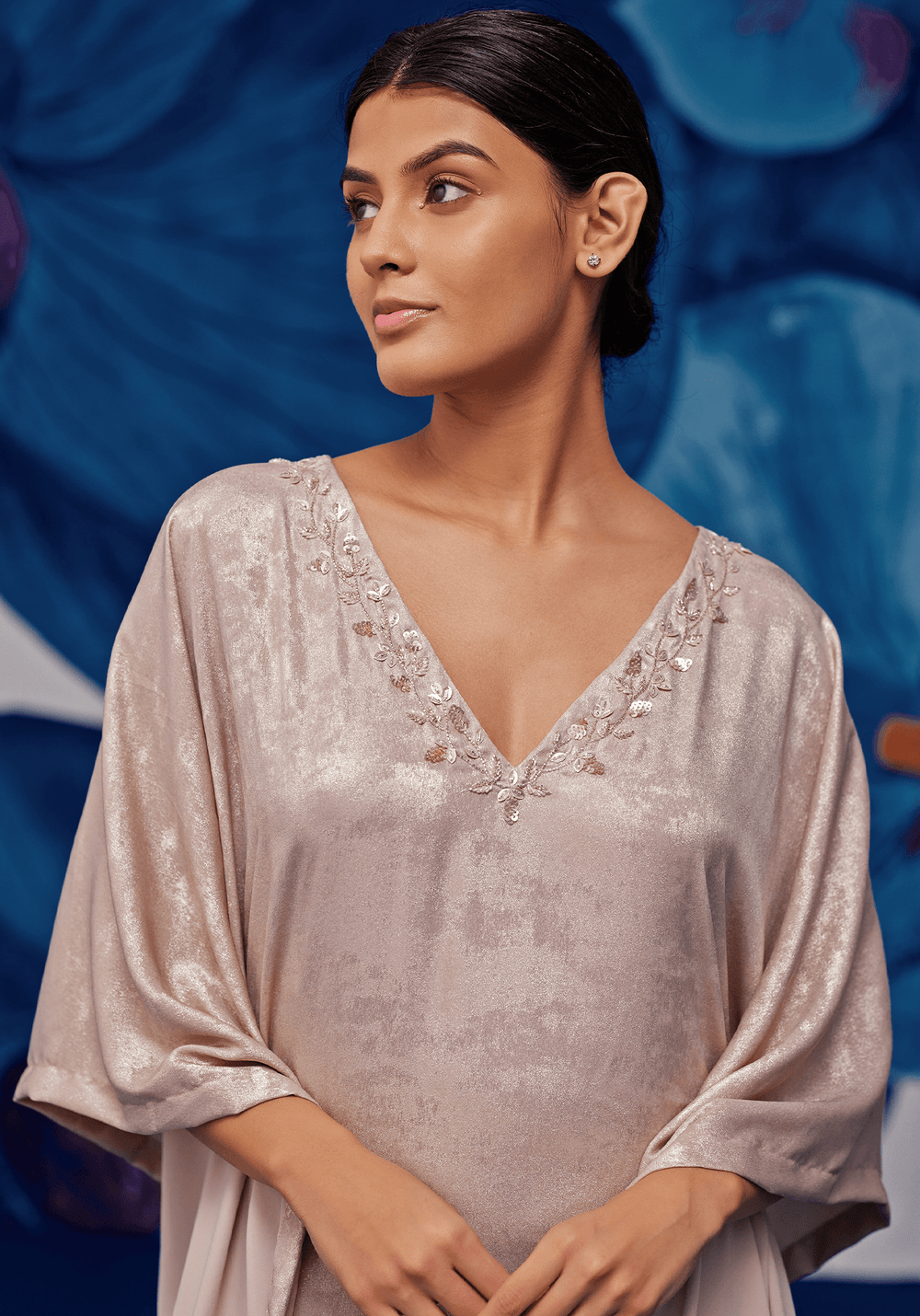 Nude Gold Metallic Satin Embroidered Kaftan Zoon Tribe - Fabilicious Fashion