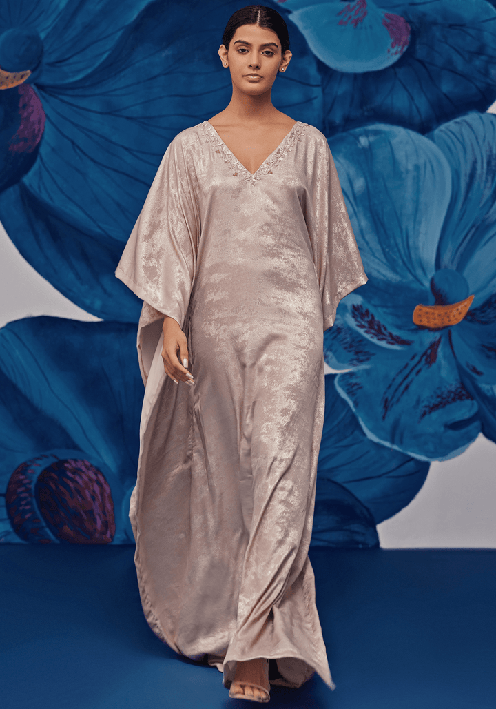 Nude Gold Metallic Satin Embroidered Kaftan Zoon Tribe - Fabilicious Fashion