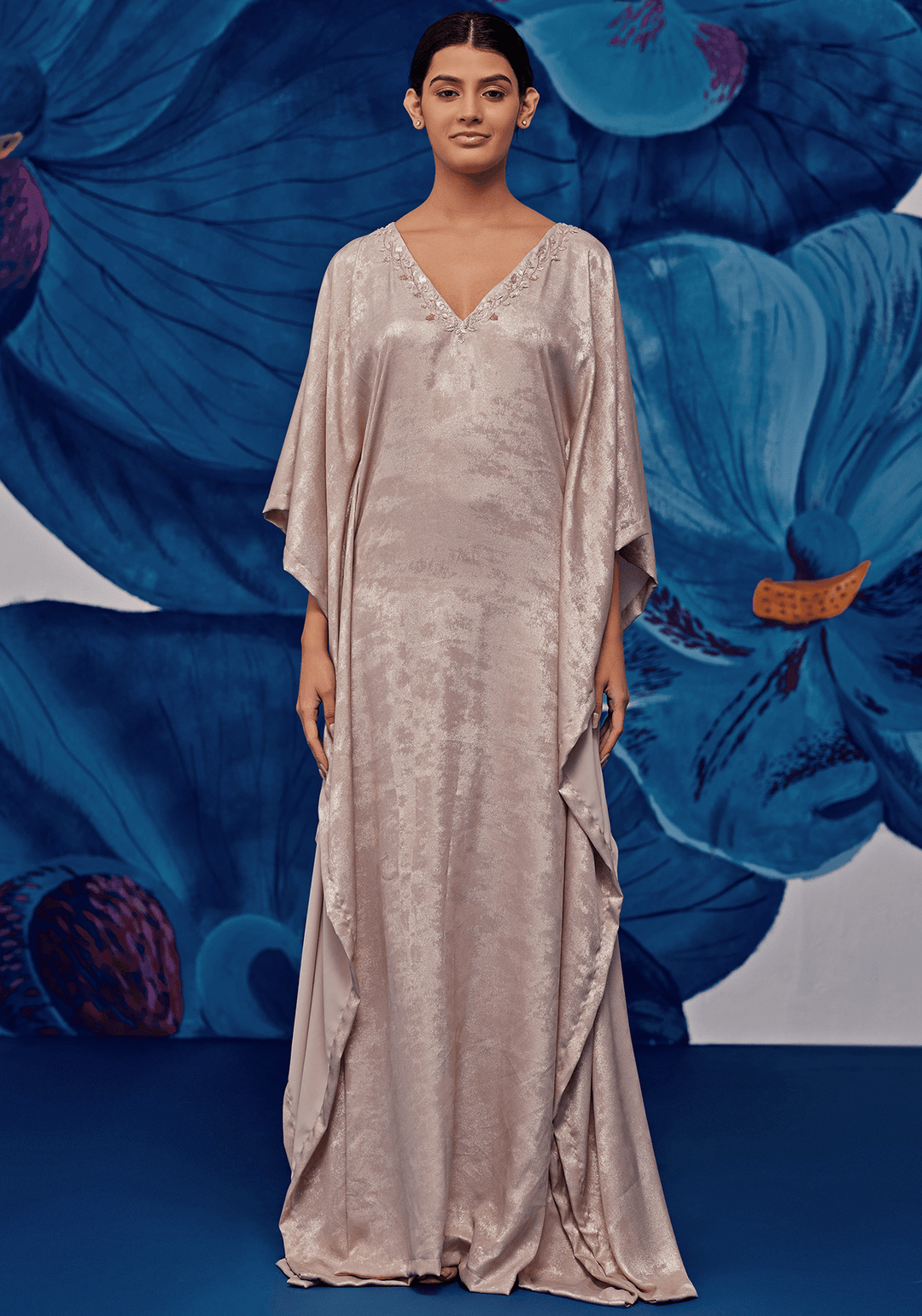 Nude Gold Metallic Satin Embroidered Kaftan Zoon Tribe - Fabilicious Fashion