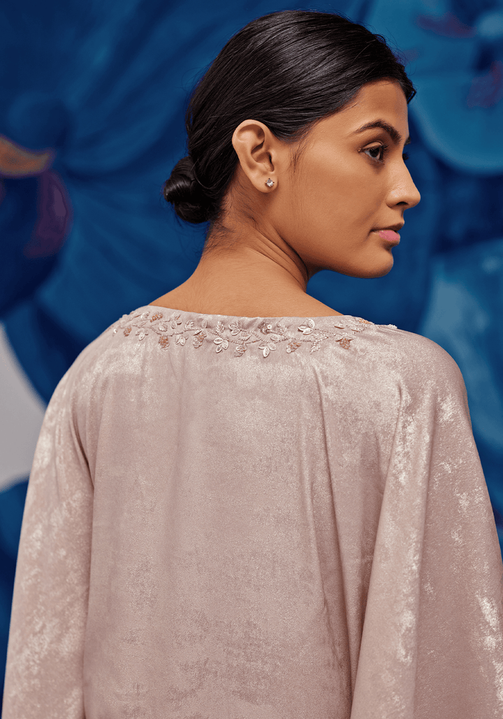 Nude Gold Metallic Satin Embroidered Kaftan Zoon Tribe - Fabilicious Fashion