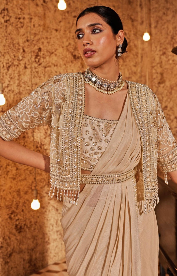 Nude Gold Organza Pre Drape Saree Set Nidhika Shekhar - Fabilicious Fashion