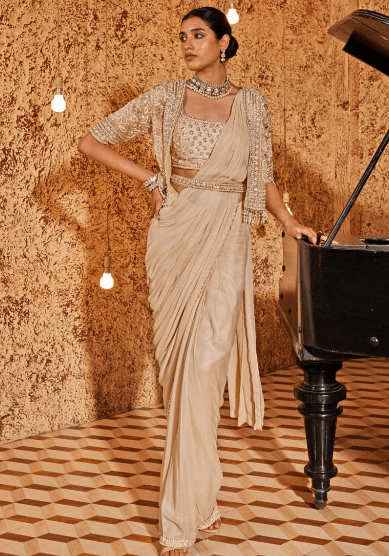 Nude Gold Organza Pre Drape Saree Set Nidhika Shekhar - Fabilicious Fashion