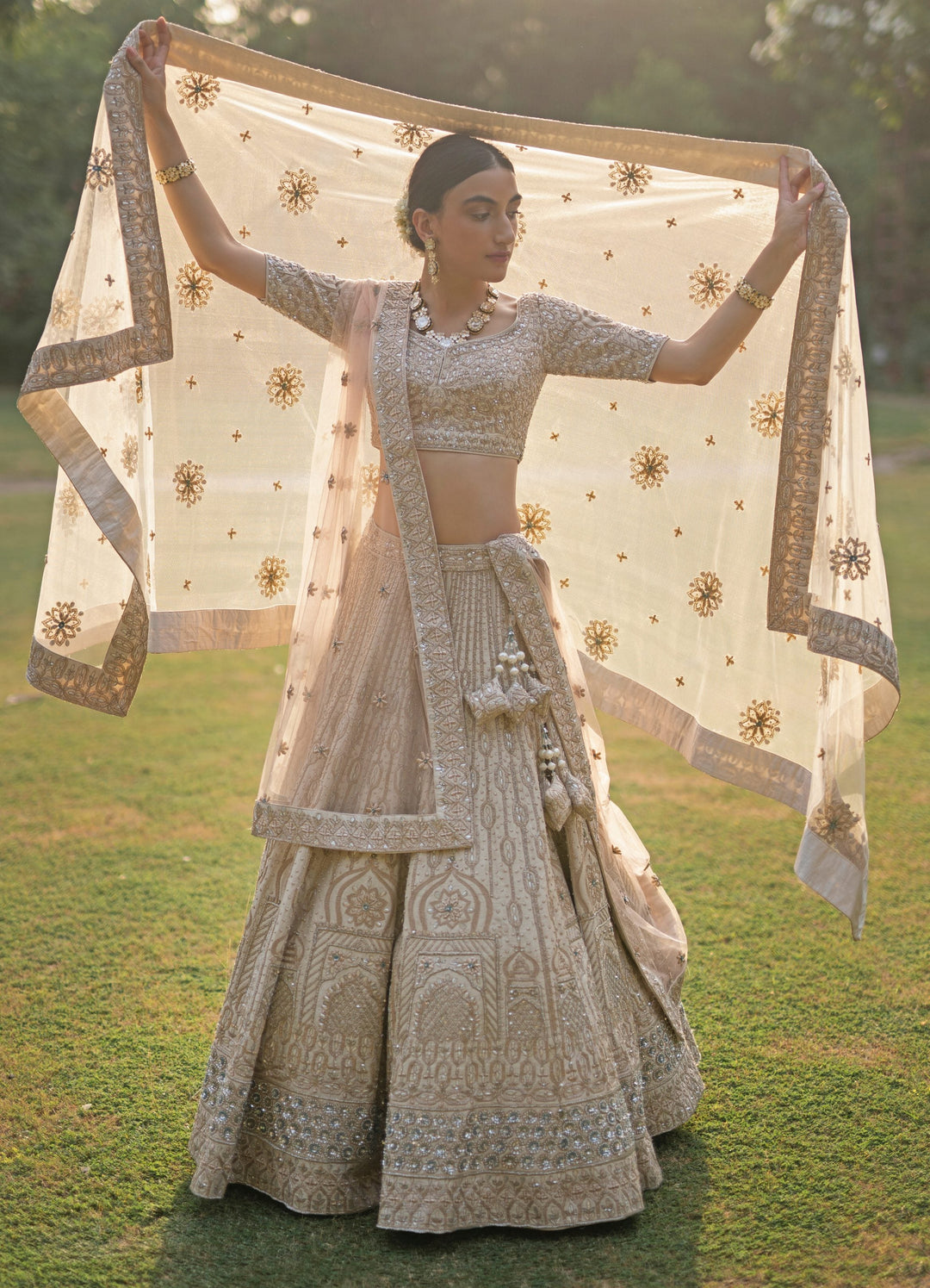 Nude Gold Raw Silk Double Dupatta Lehenga Set Angad Singh - Fabilicious Fashion