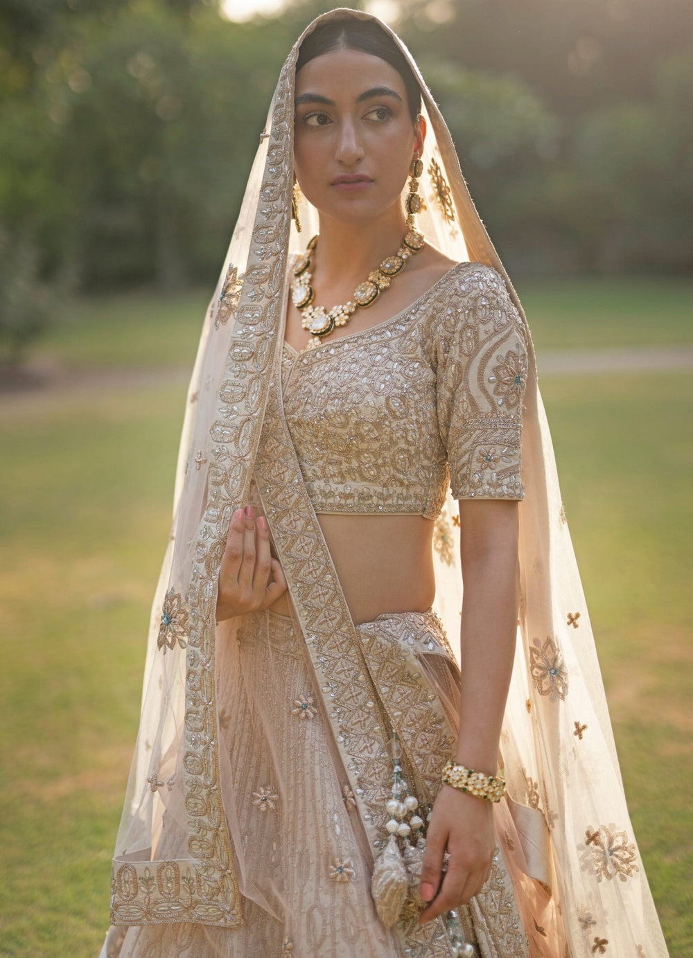 Nude Gold Raw Silk Double Dupatta Lehenga Set Angad Singh - Fabilicious Fashion