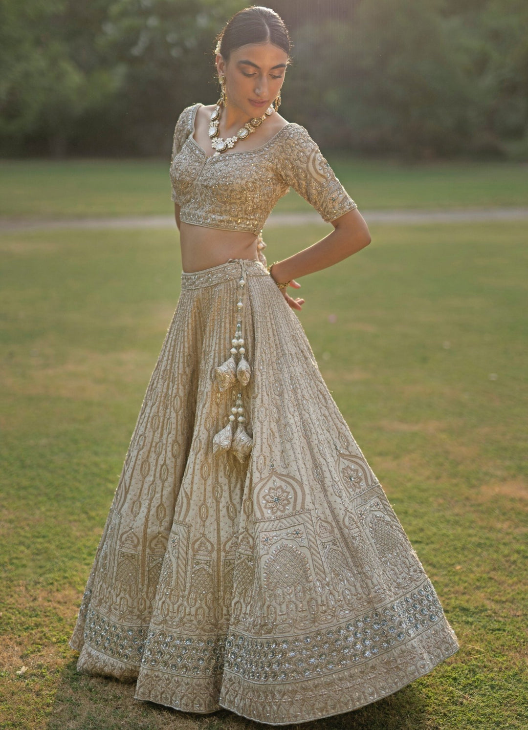 Nude Gold Raw Silk Double Dupatta Lehenga Set Angad Singh - Fabilicious Fashion