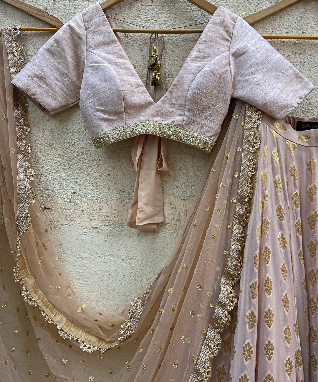 Nude Gold Ruffle Lehenga Set Priti Sahni - Fabilicious Fashion