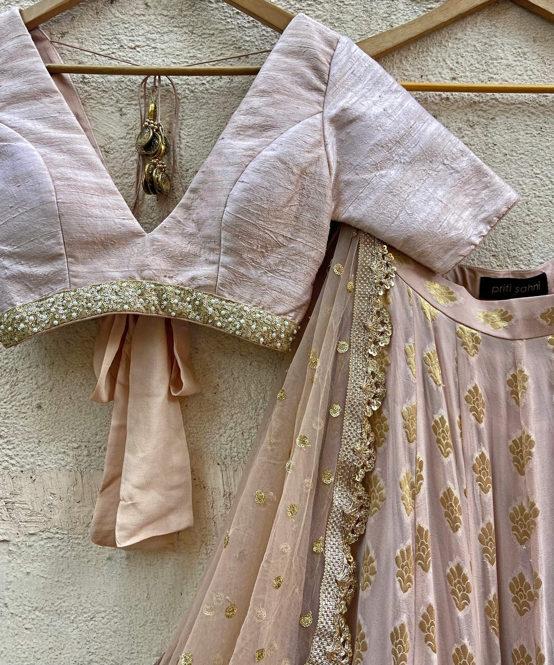 Nude Gold Ruffle Lehenga Set Priti Sahni - Fabilicious Fashion