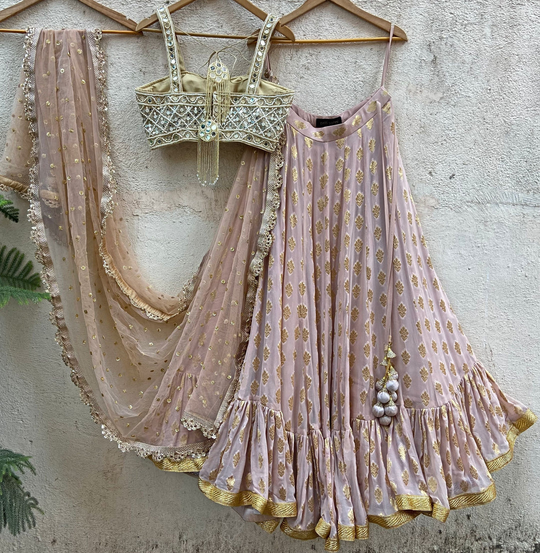 Nude Gold Ruffle Lehenga Set With Bustier Mirror Blouse Priti Sahni - Fabilicious Fashion