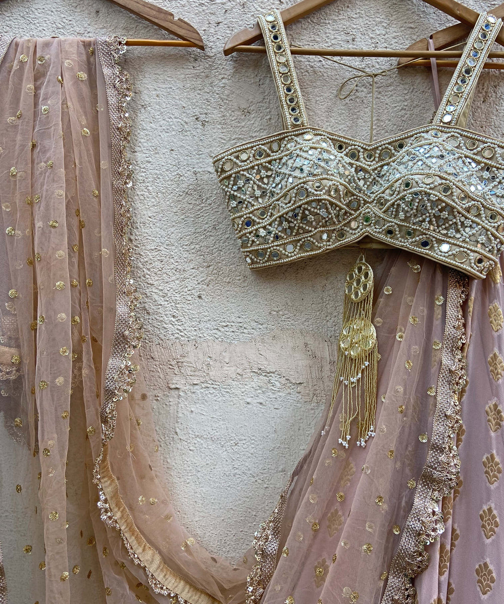 Nude Gold Ruffle Lehenga Set With Bustier Mirror Blouse Priti Sahni - Fabilicious Fashion