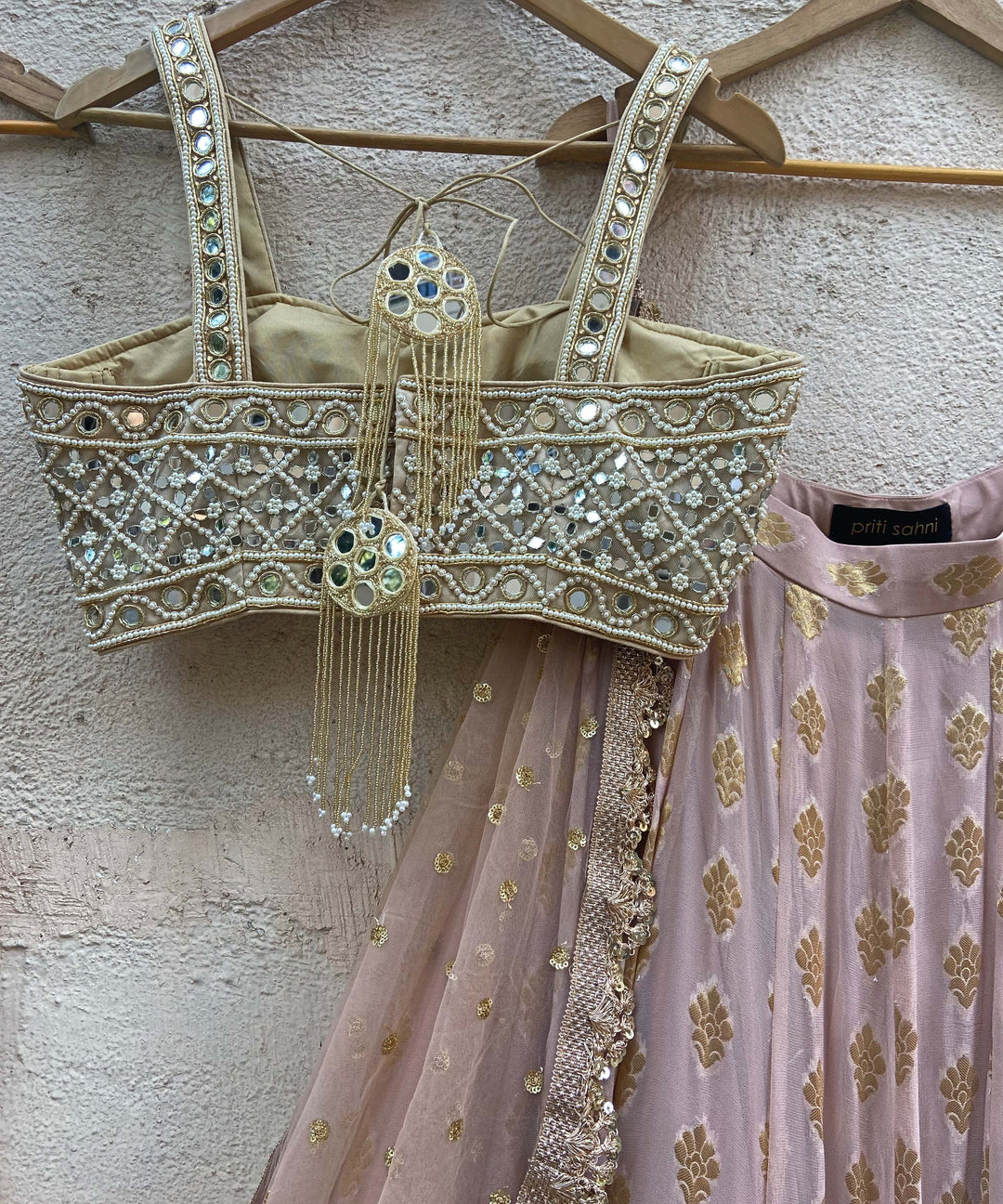 Nude Gold Ruffle Lehenga Set With Bustier Mirror Blouse Priti Sahni - Fabilicious Fashion