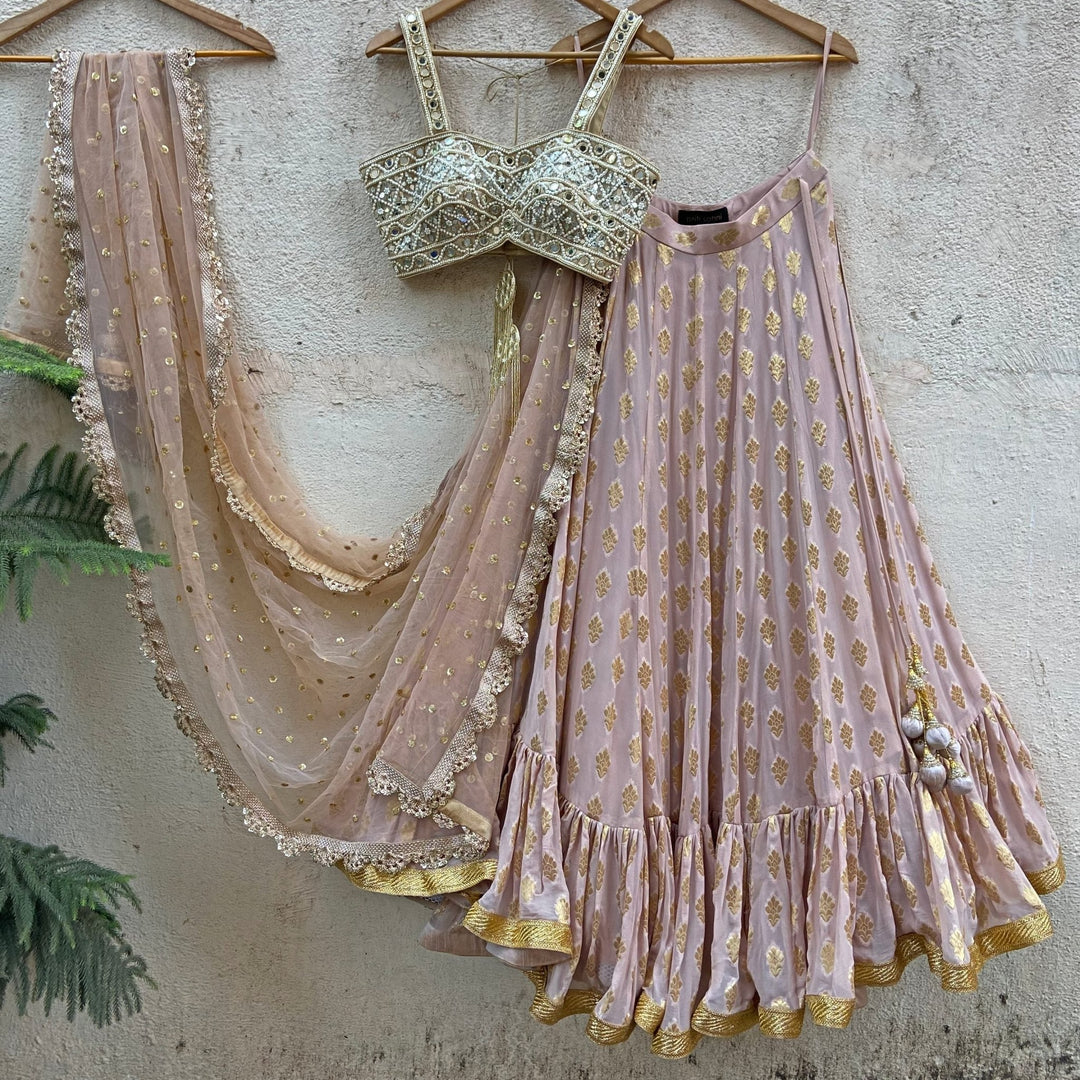 Nude Gold Ruffle Lehenga Set With Bustier Mirror Blouse Priti Sahni - Fabilicious Fashion