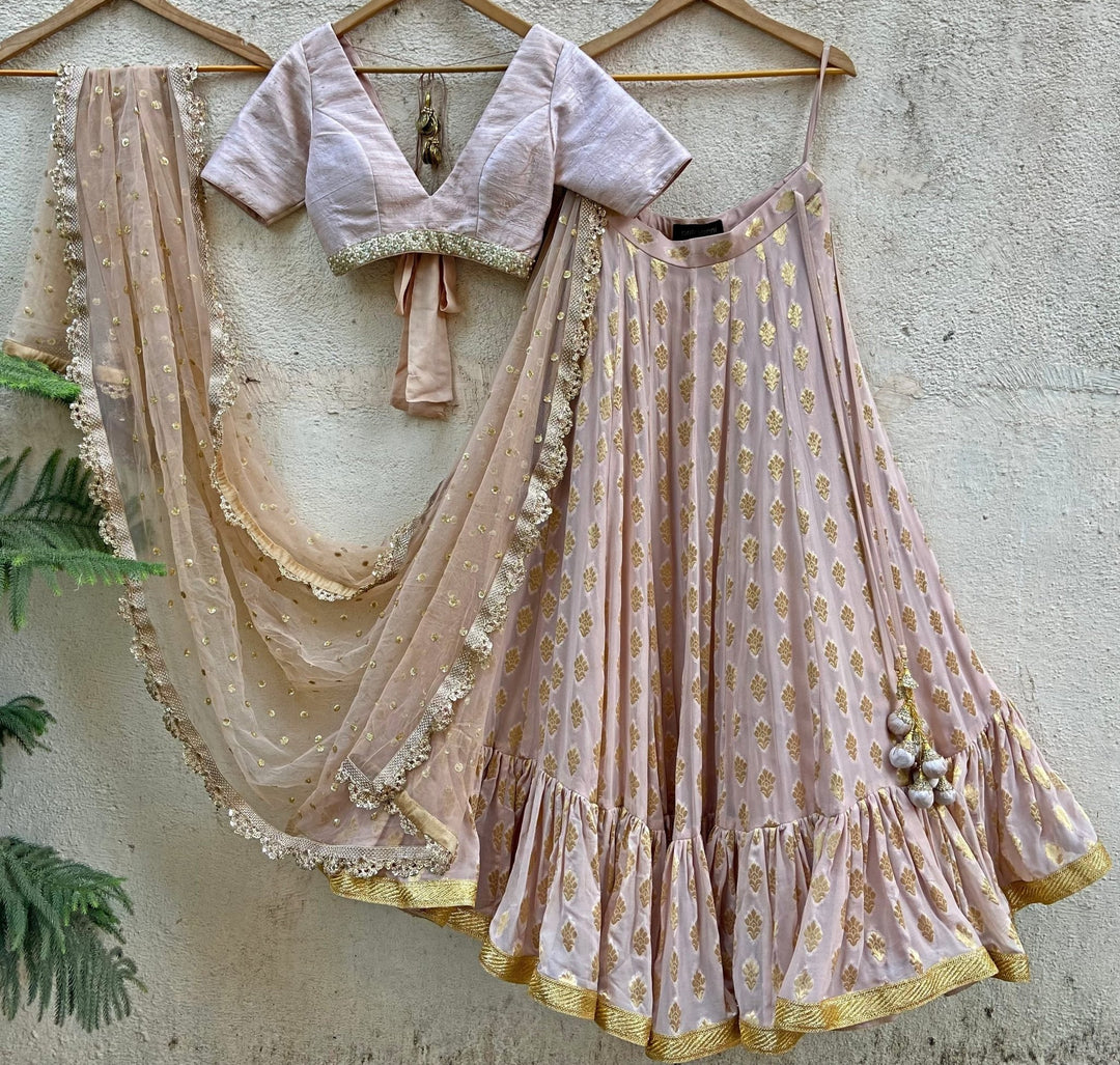 Nude Gold Ruffle Lehenga Set Priti Sahni - Fabilicious Fashion