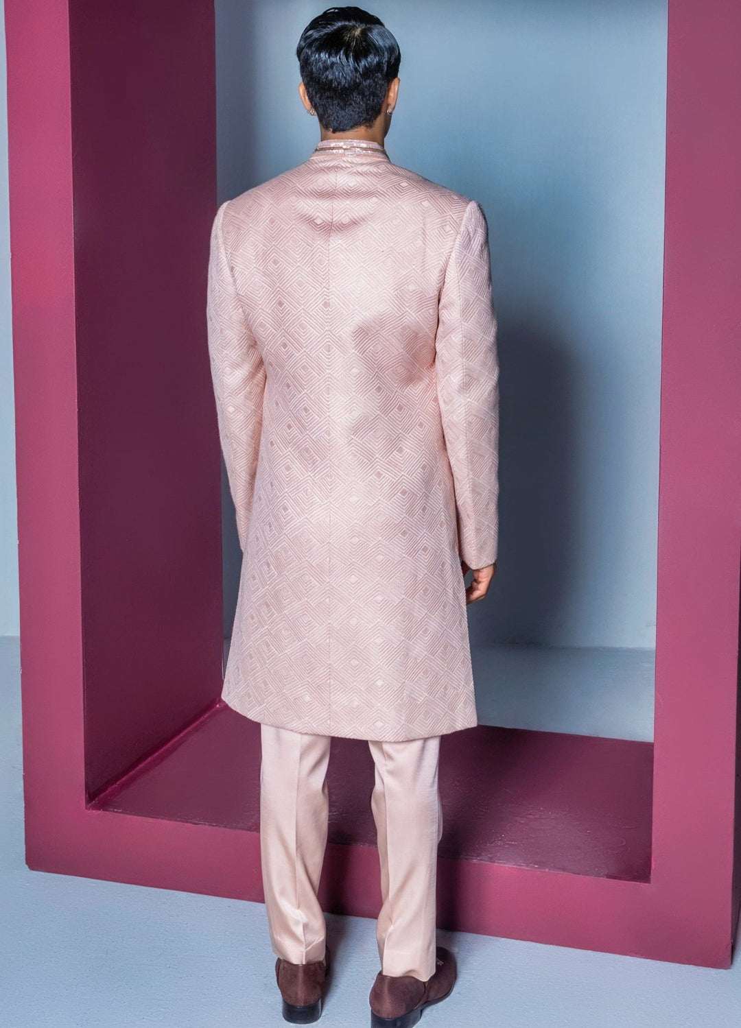 Nude Pink Textured Silk Sherwani Set Contrast By Parth - Fabilicious Fashion