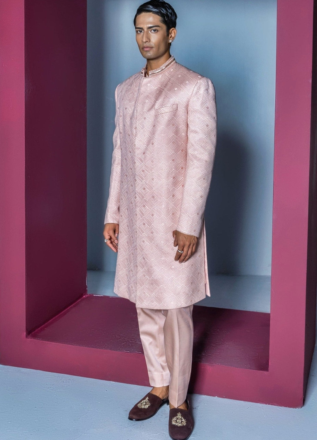 Nude Pink Textured Silk Sherwani Set Contrast By Parth - Fabilicious Fashion