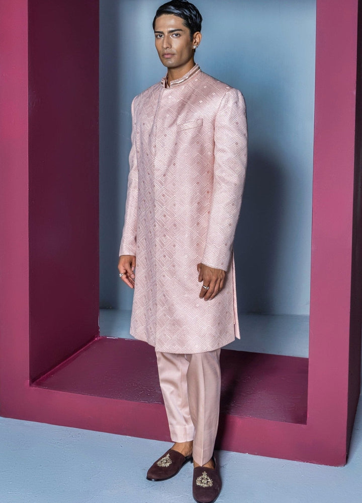 Nude Pink Textured Silk Sherwani Set Contrast By Parth - Fabilicious Fashion