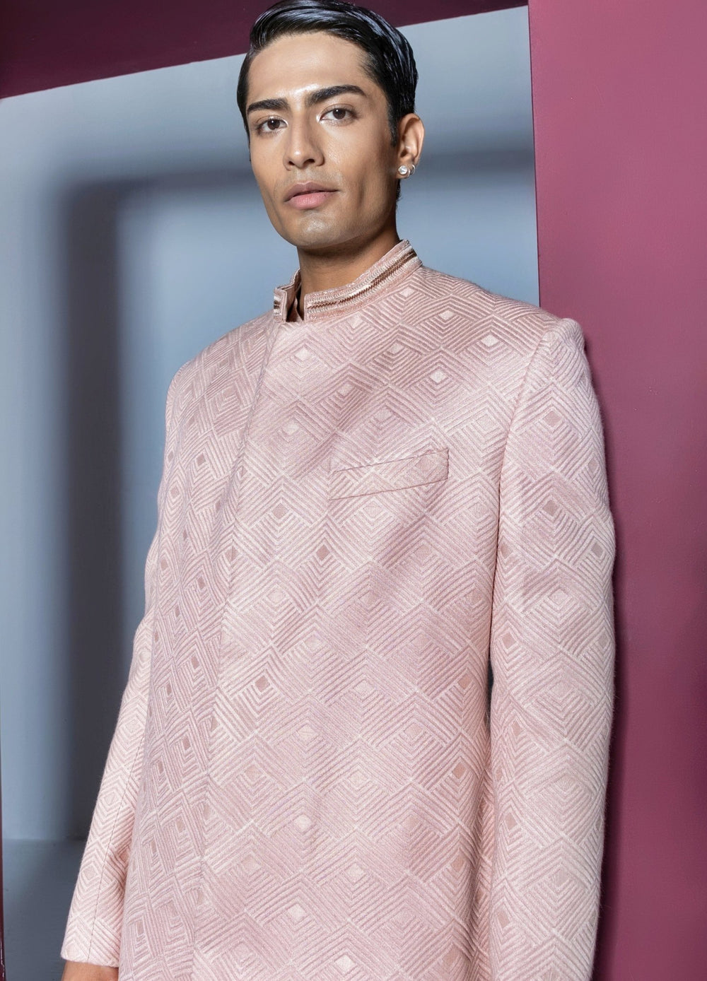 Nude Pink Textured Silk Sherwani Set Contrast By Parth - Fabilicious Fashion