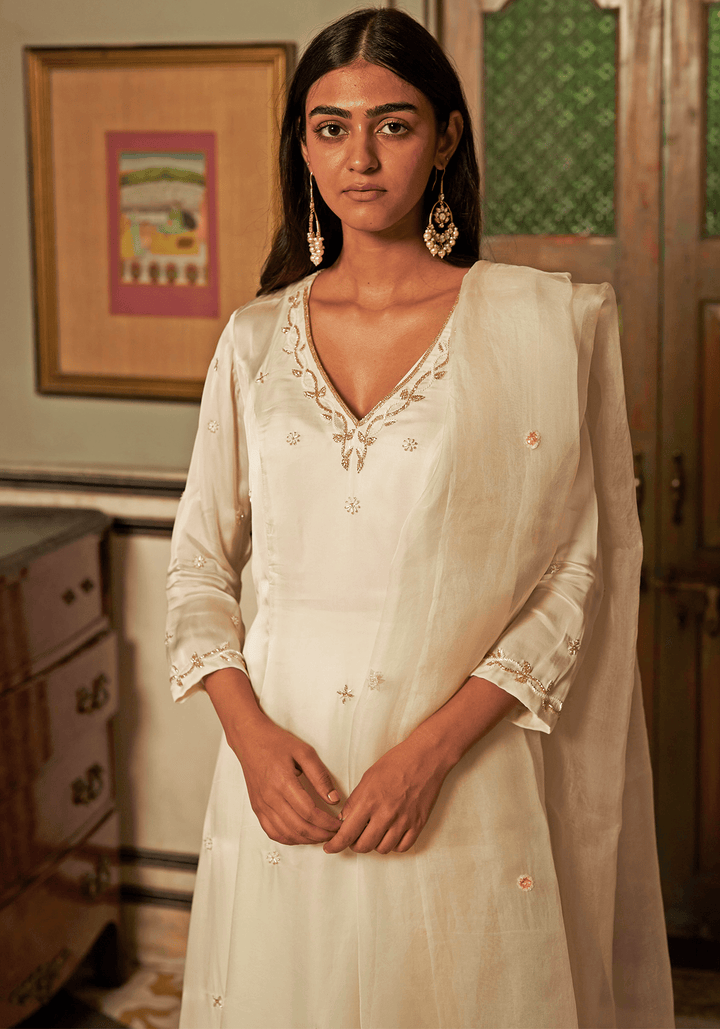Off-White And Gold Embroidered Kurta Pants Set Zoon Tribe - Fabilicious Fashion