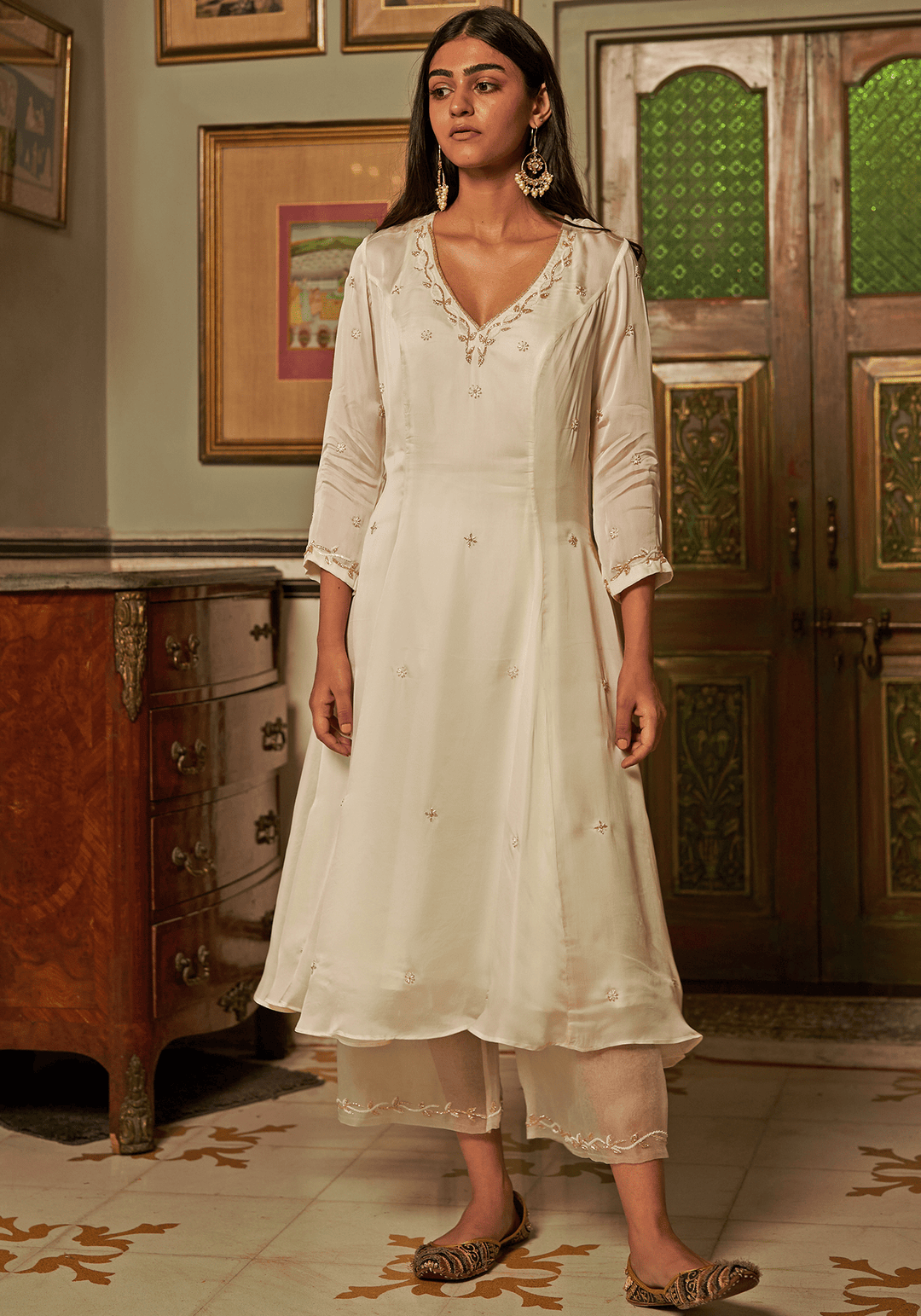Off-White And Gold Embroidered Kurta Pants Set Zoon Tribe - Fabilicious Fashion