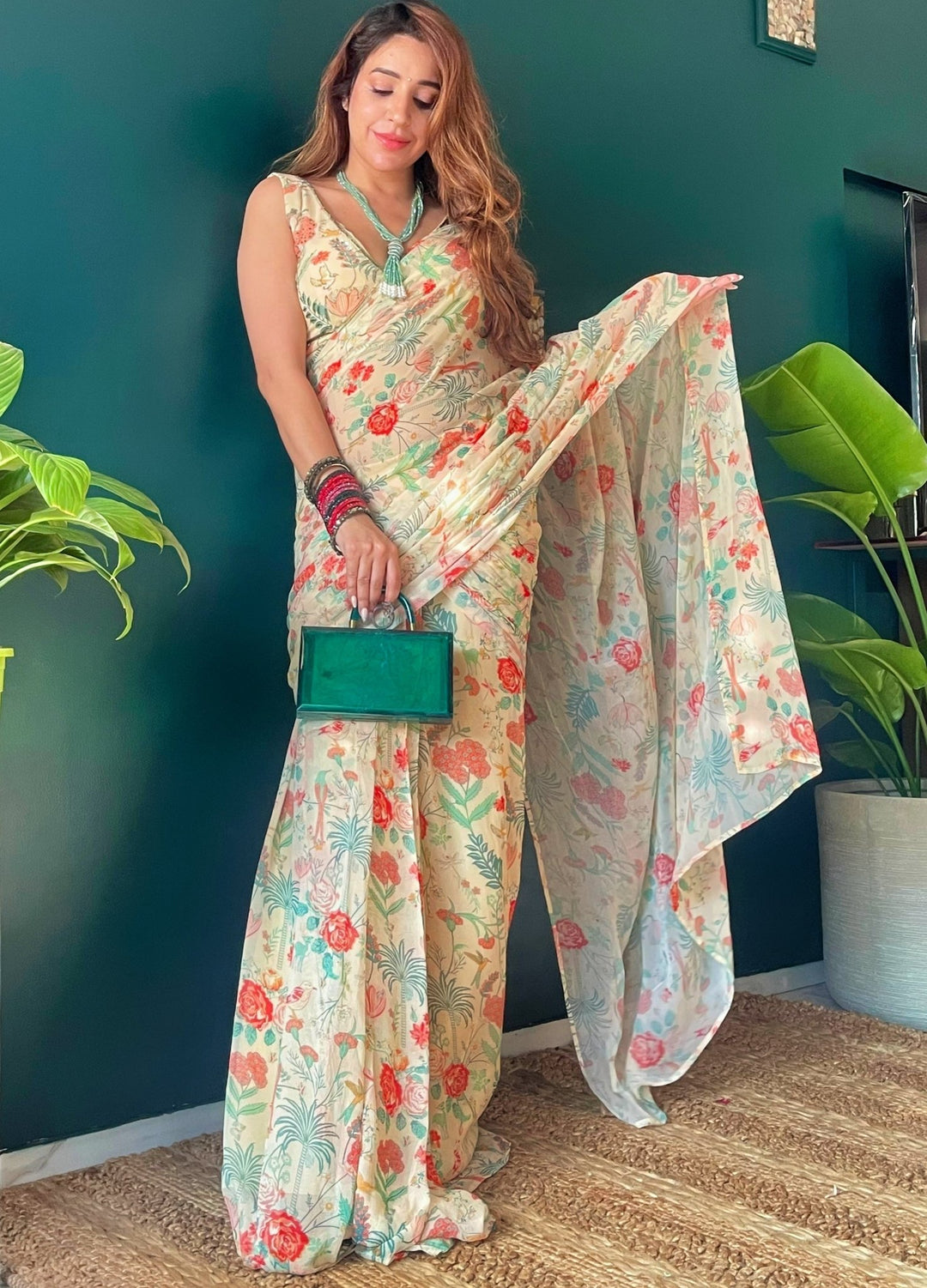 Off-White Printed Georgette Saree Set With Embellished V-Neck Blouse Redpine - Fabilicious Fashion