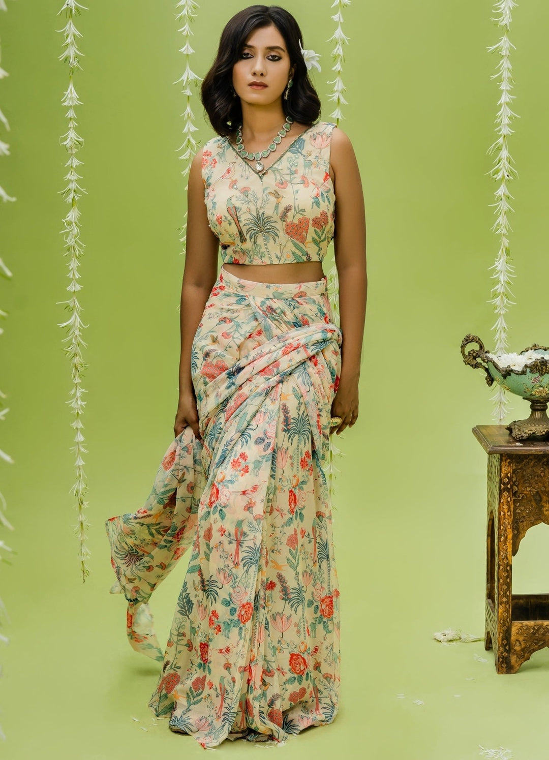 Off-White Printed Georgette Saree Set With Embellished V-Neck Blouse Redpine - Fabilicious Fashion