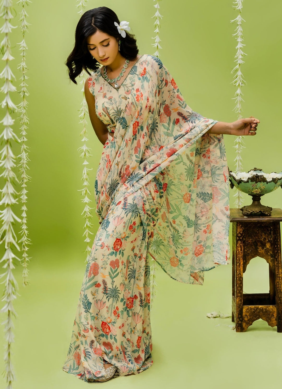 Off-White Printed Georgette Saree Set With Embellished V-Neck Blouse Redpine - Fabilicious Fashion