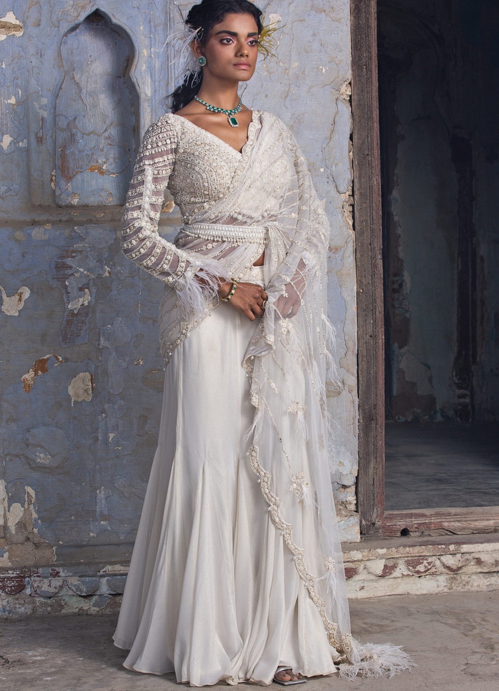 Off White Shimmer Drape Saree Set With Embellished Belt Nitika Gujral - Fabilicious Fashion