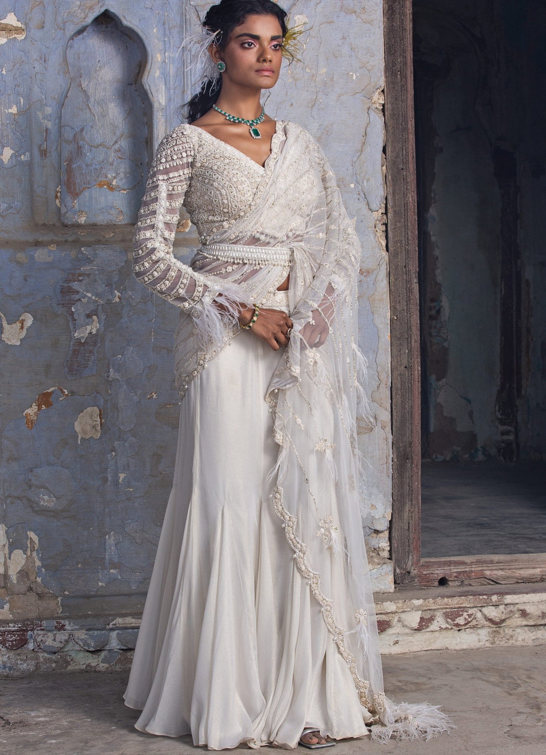 Off White Shimmer Drape Saree Set With Embellished Belt Nitika Gujral - Fabilicious Fashion