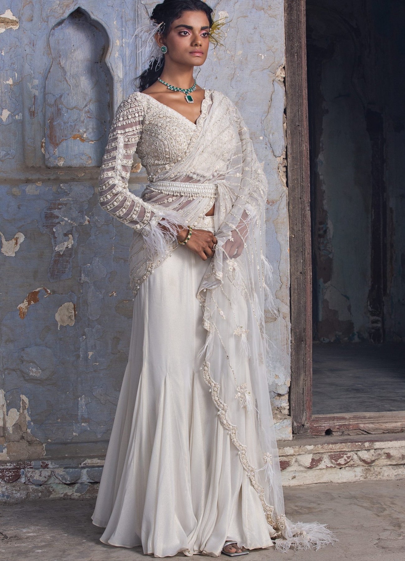 Off White Shimmer Drape Saree Set With Embellished Belt - Nitika Gujral-  Fabilicious Fashion