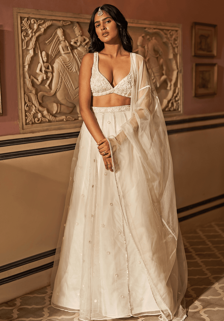 Off-White Silk Organza Embroidered Lehenga Set Zoon Tribe - Fabilicious Fashion
